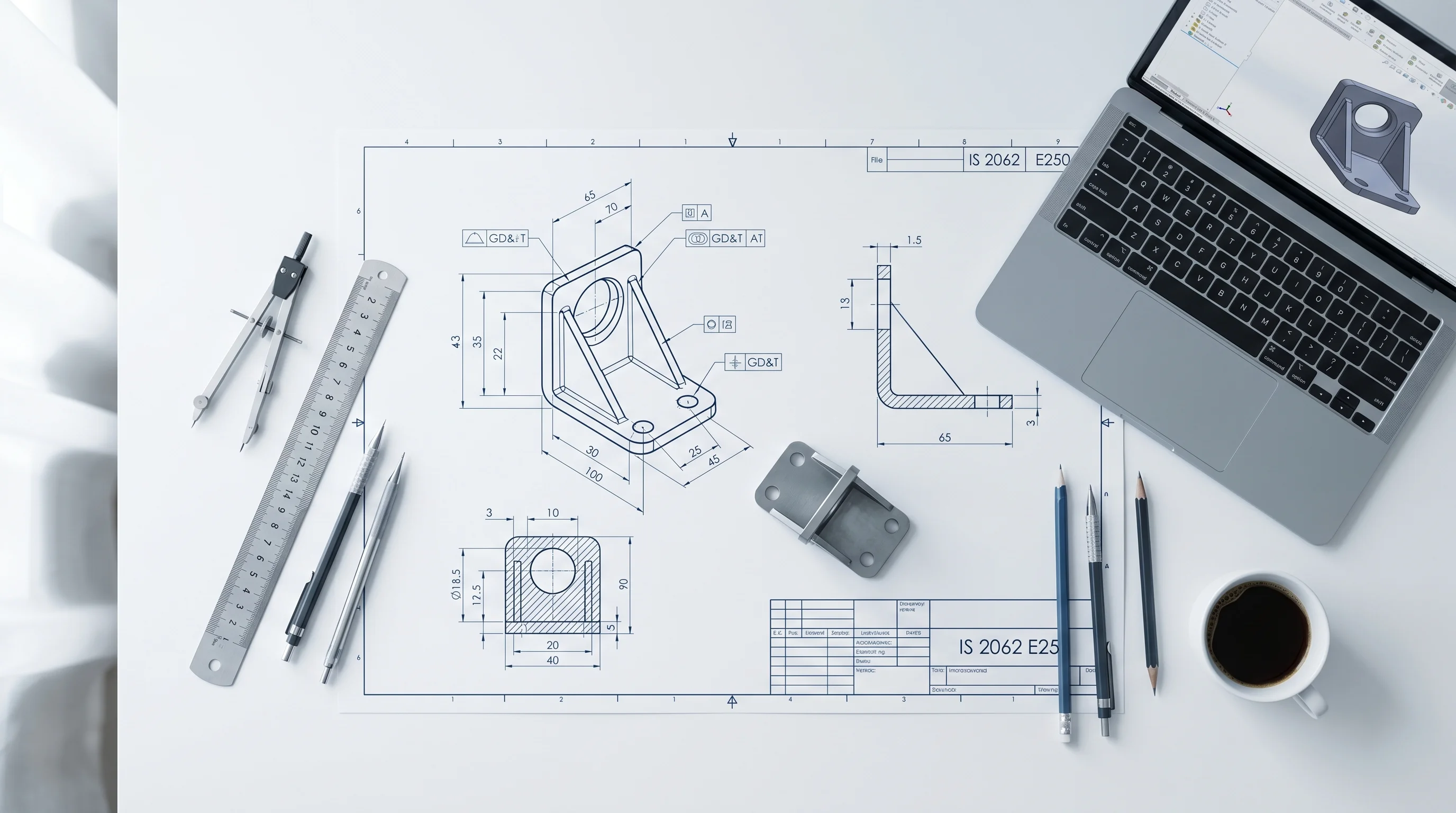 Mechanical engineering drawing desk with bracket assembly drawing, GD&T symbols, compass, and SolidWorks laptop — NTechnoSolution