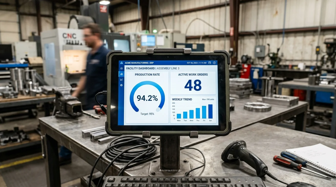 ERP dashboard on factory floor tablet showing 94.2% production rate and 48 active work orders — NTechnoSolution