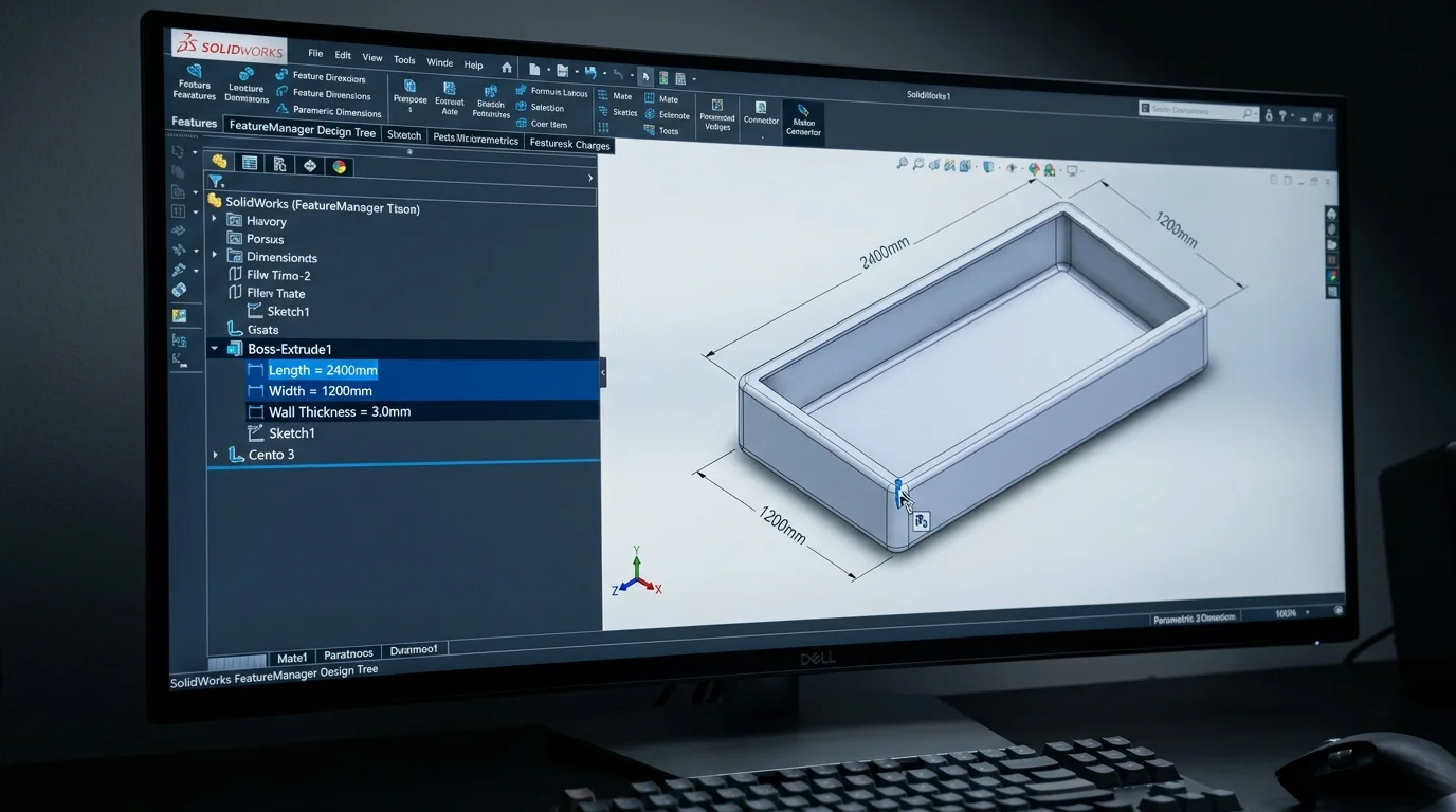 SolidWorks FeatureManager with parametric dimensions 2400mm × 1200mm × 3mm enclosure model — NTechnoSolution